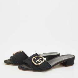 Chanel Black Canvas Logo Slides Size 41.5