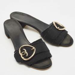 Chanel Black Canvas Logo Slides Size 41.5