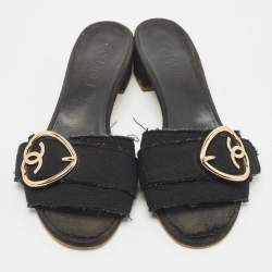 Chanel Black Canvas Logo Slides Size 41.5