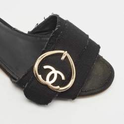 Chanel Black Canvas Logo Slides Size 41.5