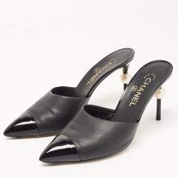 Chanel Black Leather and Patent CC Pearl Heel Pointed Toe Mules