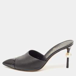 Chanel Black Leather and Patent CC Pearl Heel Pointed Toe Mules