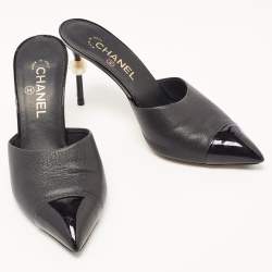 Chanel Black Leather and Patent CC Pearl Heel Pointed Toe Mules Size 40