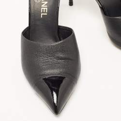 Chanel Black Leather and Patent CC Pearl Heel Pointed Toe Mules Size 40