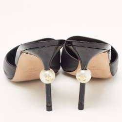 Chanel Black Leather and Patent CC Pearl Heel Pointed Toe Mules Size 40