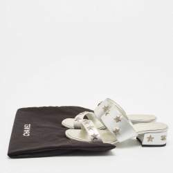 Chanel Silver Leather Embellished Slide Sandals Size 36