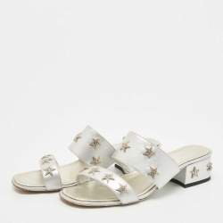 Chanel Silver Leather Embellished Slide Sandals Size 36