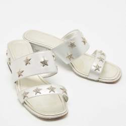 Chanel Silver Leather Embellished Slide Sandals Size 36