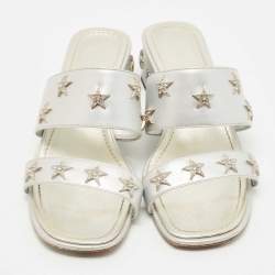 Chanel Silver Leather Embellished Slide Sandals Size 36