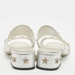 Chanel Silver Leather Embellished Slide Sandals Size 36