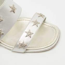 Chanel Silver Leather Embellished Slide Sandals Size 36
