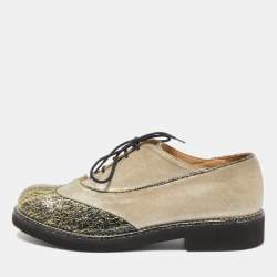Chanel Beige/Green Suede and Texture Leather Oxfords Size 39