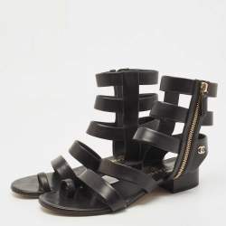 Chanel Black Leather Interlocking CC Logo Gladiator Sandals Size 38
