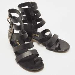 Chanel Black Leather Interlocking CC Logo Gladiator Sandals Size 38