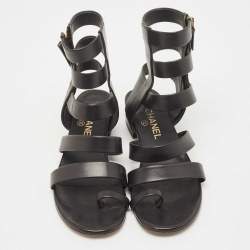Chanel Black Leather Interlocking CC Logo Gladiator Sandals Size 38