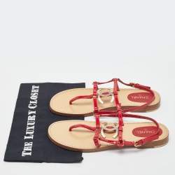 Pre Owned Chanel Red Patent Leather CC Thong Flat Sandals Size 38