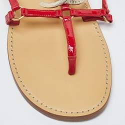 Pre Owned Chanel Red Patent Leather CC Thong Flat Sandals Size 38