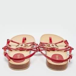 Pre Owned Chanel Red Patent Leather CC Thong Flat Sandals Size 38