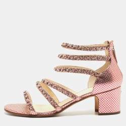 Chanel Metallic Pink Textured Leather Chan Detail Block Heel Strappy Sandals  Size 39.5 Chanel