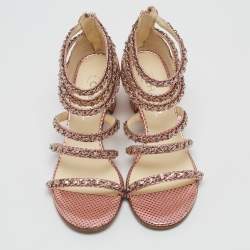 Chanel Metallic Pink Textured Leather Chan Detail Block Heel Strappy Sandals Size 39.5