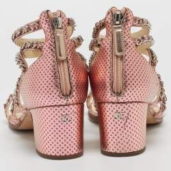 Chanel Metallic Pink Textured Leather Chan Detail Block Heel Strappy Sandals Size 39.5