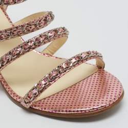 Chanel Metallic Pink Textured Leather Chan Detail Block Heel Strappy Sandals Size 39.5