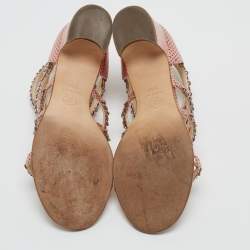 Chanel Metallic Pink Textured Leather Chan Detail Block Heel Strappy Sandals Size 39.5