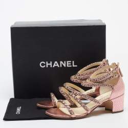 Chanel Metallic Pink Textured Leather Chan Detail Block Heel Strappy Sandals Size 39.5