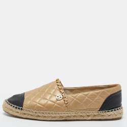 Chanel Beige/Black Quilted Leather Chain-Link CC Espadrille Size 42
