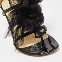 Pre Owned Chanel Black Patent Leather And Organza Floral Strappy Sandals Size 37