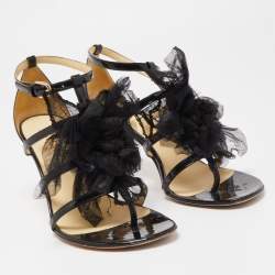 Pre Owned Chanel Black Patent Leather And Organza Floral Strappy Sandals Size 37