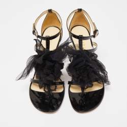 Pre Owned Chanel Black Patent Leather And Organza Floral Strappy Sandals Size 37