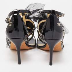 Pre Owned Chanel Black Patent Leather And Organza Floral Strappy Sandals Size 37