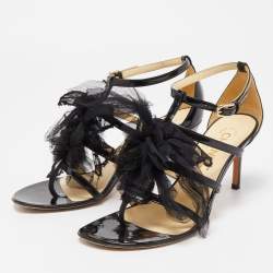 Pre Owned Chanel Black Patent Leather And Organza Floral Strappy Sandals Size 37