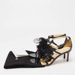 Pre Owned Chanel Black Patent Leather And Organza Floral Strappy Sandals Size 37