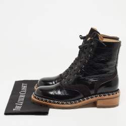 Pre Owned Chanel Black Patent Leather Chain Detail Lace Up Boots Size 42