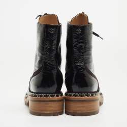 Pre Owned Chanel Black Patent Leather Chain Detail Lace Up Boots Size 42
