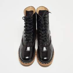 Pre Owned Chanel Black Patent Leather Chain Detail Lace Up Boots Size 42