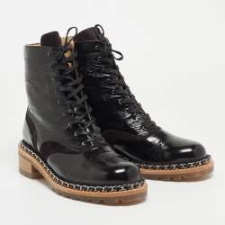 Pre Owned Chanel Black Patent Leather Chain Detail Lace Up Boots Size 42
