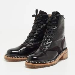 Pre Owned Chanel Black Patent Leather Chain Detail Lace Up Boots Size 42