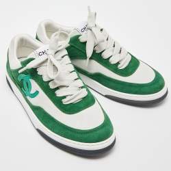 Pre Owned Chanel Green/White Suede Low Top Sneakers Size 37.5