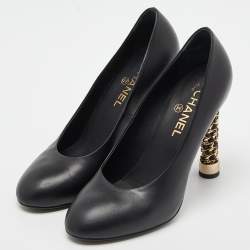 Pre Owned Chanel Black Leather Chain Detail Heel Pumps Size 39