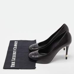 Pre Owned Chanel Black Leather Pearl Heel CC Cap Round Toe Pumps Size 38.5