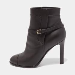 Pre Owned Chanel Black Leather CC Cap Toe Ankle Boots Size 41