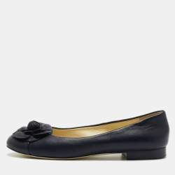 Chanel Blue Leather Camelia Flower CC Ballet Flats Size 38