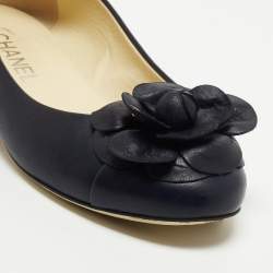 Chanel Blue Leather Camelia Flower CC Ballet Flats Size 38