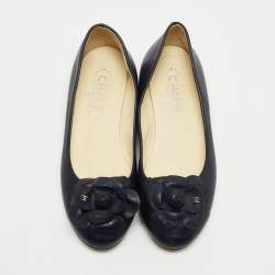 Chanel Blue Leather Camelia Flower CC Ballet Flats Size 38