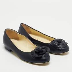 Chanel Blue Leather Camelia Flower CC Ballet Flats Size 38