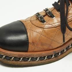 Chanel Tan/Black Quilted Leather Chain Embellished Cap Toe Oxfords Size 36.5