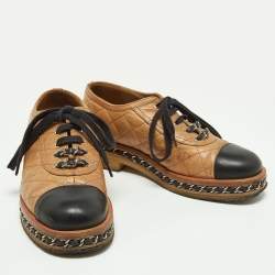 Chanel Tan/Black Quilted Leather Chain Embellished Cap Toe Oxfords Size 36.5
